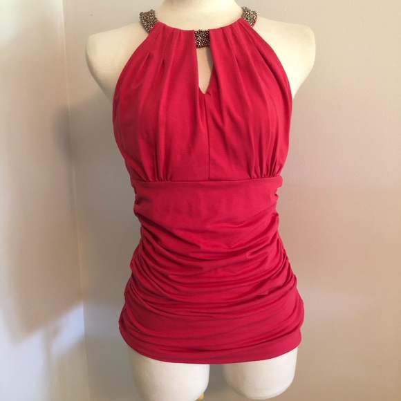 White House Black Market Tops - WHBM Salmon beaded halter, ruched sides